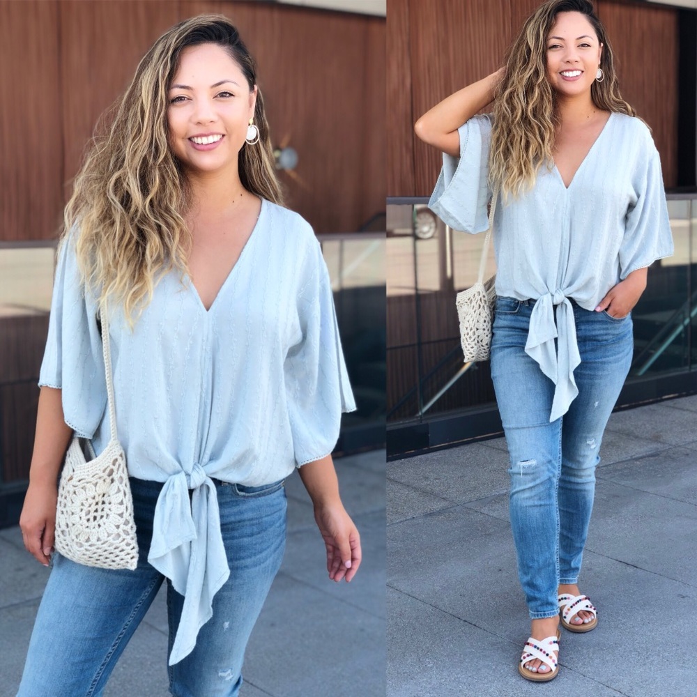 Love Stitch Dusty Blue Embroidered Tie Blouse
